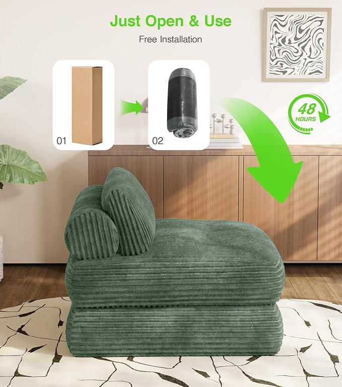 Plush Corduroy Folding Sofa Bed, Free Setup Floor Beds, 34" Boneless Couch for Small Spaces, Corner Chair, Convertible Sleeper Chair, Corner Couch, Foldable Sleeper Sofa Beds, Green