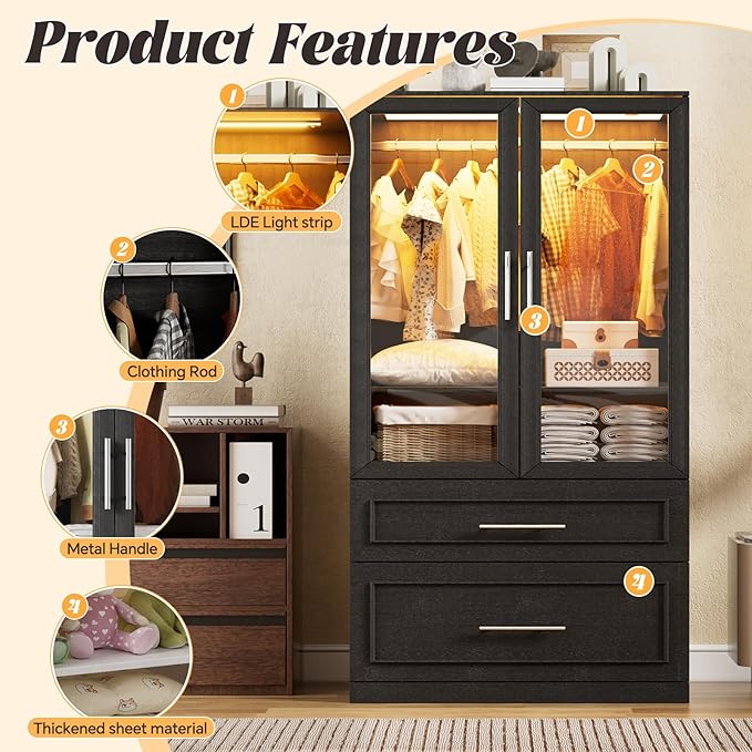 PAKASEPT Armoire Wardrobe Closet Door and Drawers, Bedroom Closet Wardrobe Cabinet with Hanging Rod, Lighted Freestanding Armoire Storage Cabinet for Bedroom Cloakroom (Black)