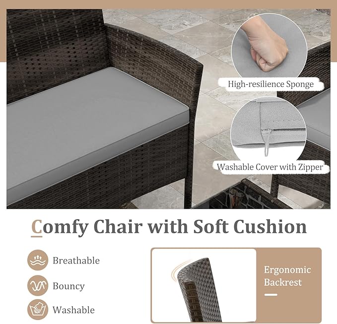 KOTEK 8 Piece Patio Furniture Set, Wicker Patio Set with Loveseat, Wicker Chairs, Tempered Glass Coffee Table, Outdoor Rattan Conversation Set for Backyard, Porch (Grey)