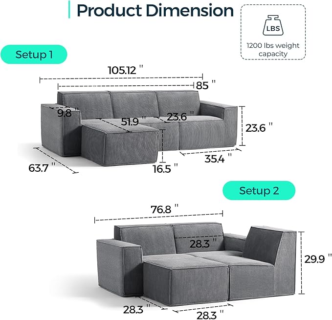 LINSY HOME Modular Sectional Sofa, 105" Boneless Couch L Shaped 3-Seat Sofa with Movable Ottoman, Corduroy Sectional Cloud Couches for Living Room, No Assembly Required, Bluish Grey