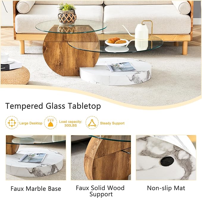 42" Glass Coffee Table, Round Coffee Table, 2-Tier Tempered Glass Tabletop with White and Wood Base, Modern Center Table for Living Room, Home, Apartment, Ideal for Small Space