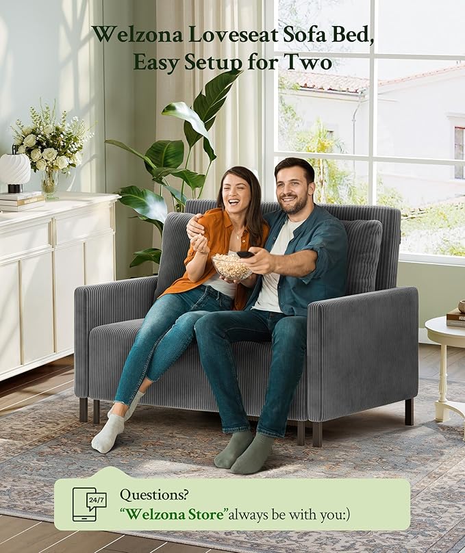 47.2" Convertible Sofa Bed Couch, Comfy Corduroy Couch Bed, All in 1 Loveseat Sleeper Sofa, Love Seat Sleeper Bed with 2 Pillows, Modern Couches for Living Room/Apartment/Home/Office, Grey