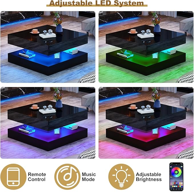 33.9" LED Coffee Table with Storage, Modern High Glossy Living Room Table w/2 Drawers,Double-Layer Design Large Square Center Table for Living Room, Home, Office, Black