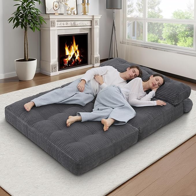 Folding Sofa Bed, Convertible Sleeper Chair with Pillow & Handle, Foldable Mattress Futon Chair Bed Lounge with Back Support, Comfy Floor Sofa for Living Room Bedroom, Grey, Full