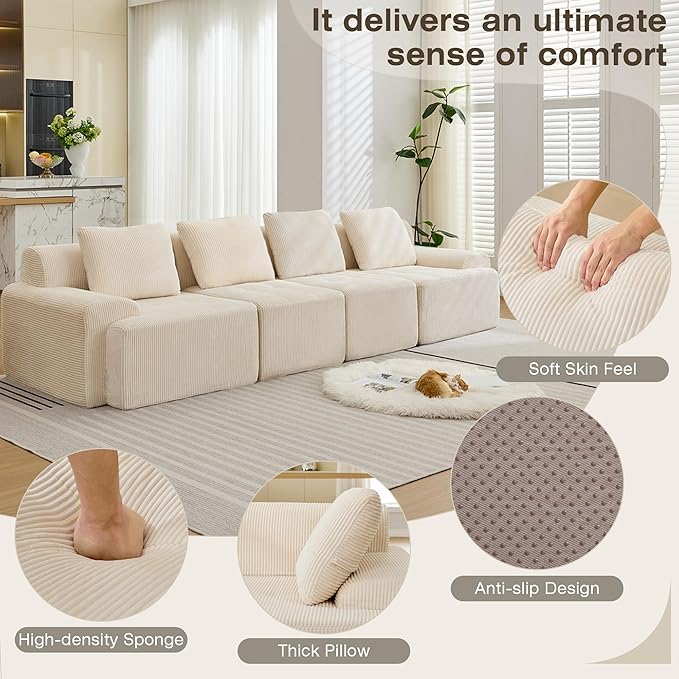 Modular Sectional Sofa, 6 Seat Modular Couch, Modular Sofa with Deep Seat and Detachable Pillow (White, 4 Pieces-Rowshape)