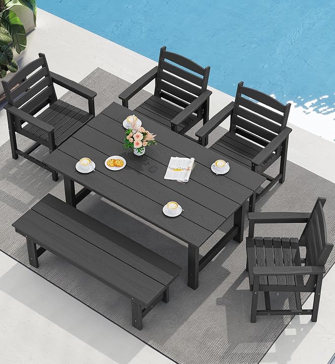 SERWALL Patio Dining Table and Bench Set for 6, Black by SERWALL