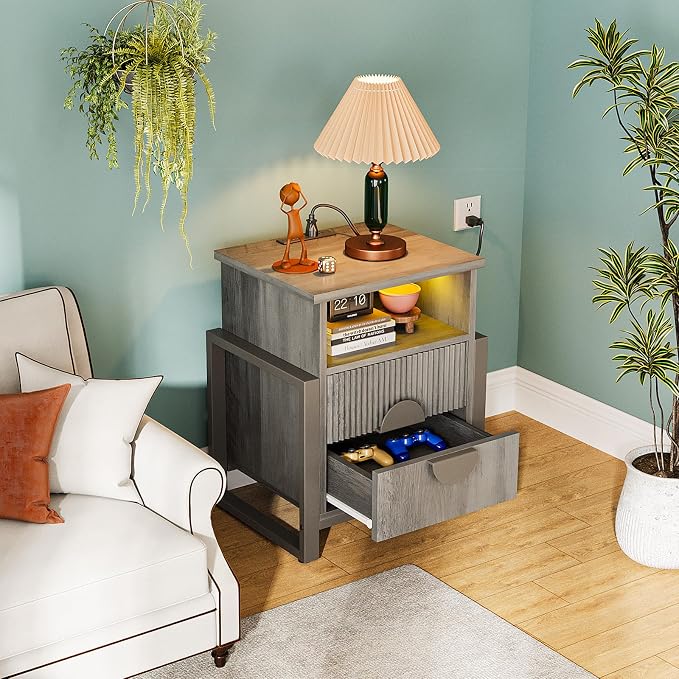 LGHM Fluted Nightstand with Charger Station Strip Lights, 20.47" W Night Stand with 2 Drawers, Large Accent Bed Side Table and End Table, Large Open Cubby Storage, Raising H Legs,Gray - Image 5