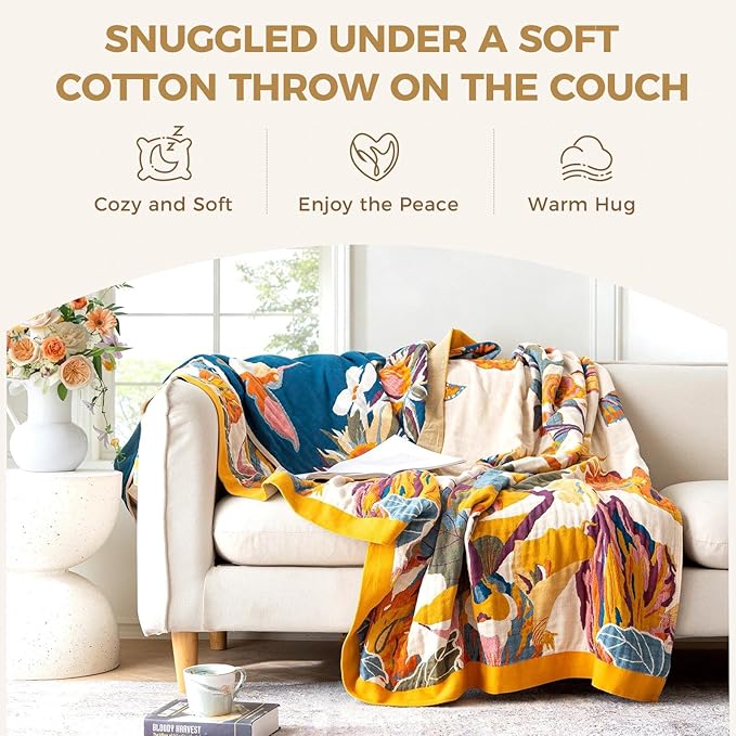 Queen Throw Blanket for Bed 100% Cotton Boho Breathable Soft Quilt Butterfly and Floral Double Embroidery Lightweight Spring Blanket Bedspread,90"x90" All Season Blankets for Bedding Couch Room Decor