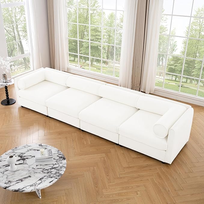 KEIKI 143" Oversized Modular Chenille Sectional Sofa with Storage Seat, Modern Style 4-Seater Couch with Cylindrical Backrest and Armrests, Easy Assembly, for Apartment, Living Room, White