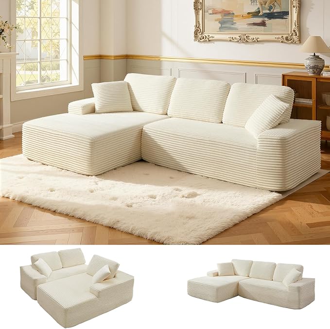 109.4” Modular Sectional Sofa, Convertible Sofa Bed, No Assembly Required Cloud Couch with Deep Seat, Modern L-Shaped Boneless Sofa for Living Room (Beige)