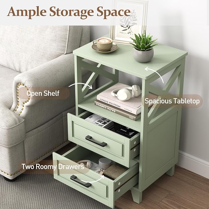 RoyalCraft 30" Tall Nightstand, Modern Painted Bedside Table with 2 Drawers and Open Shelf, Wood Side Table for Bedroom, Home Office, Green-Open Shelf Above, Set of 2 - Image 5