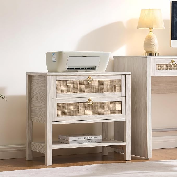 SICOTAS Boho Rattan Nightstand Set of 2, 26.7" Extra Wide Bedside Table with 2 Drawers & Open Shelf, White Oak Large Side Table for King Size Bed, Modern Coastal End Table for Master Bedroom - Image 9