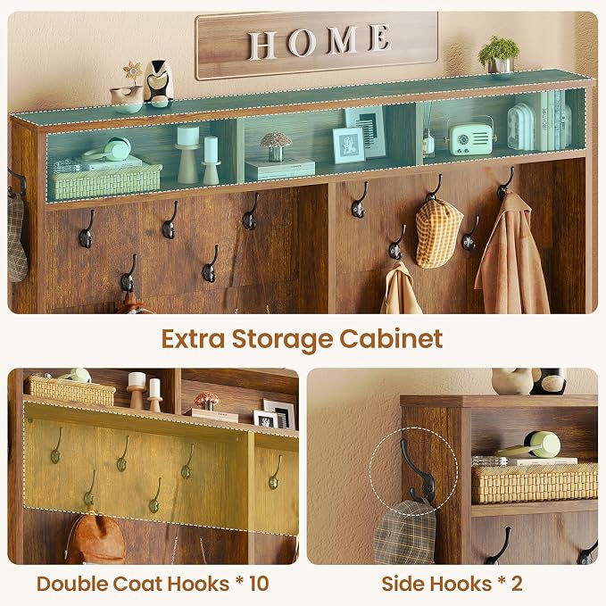 Itaar Hall Tree with Bench and Shoe Storage, 5-in-1 Entryway Bench with Coat Rack, 16 Shoe Cubbies & 12 Coat Hooks, Barn Door & Adjustable Shelf (Rustic Brown) - Image 4