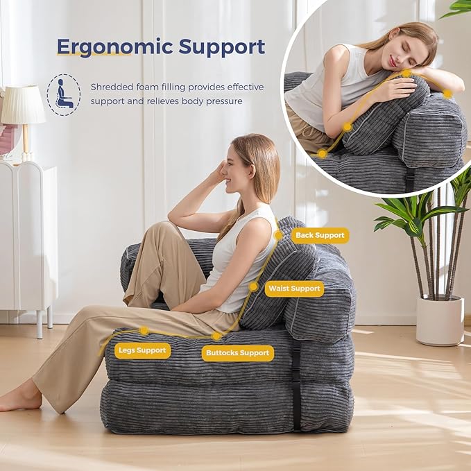 MAXYOYO Folding Sofa Bed, L-Shaped Convertible Sofa Bed with Armrest Foldable Sleeper Sofa with Pillow, Portable Fold Out Chair Bed Comfy Floor Lounge for Living Room Bedroom, Dark Grey