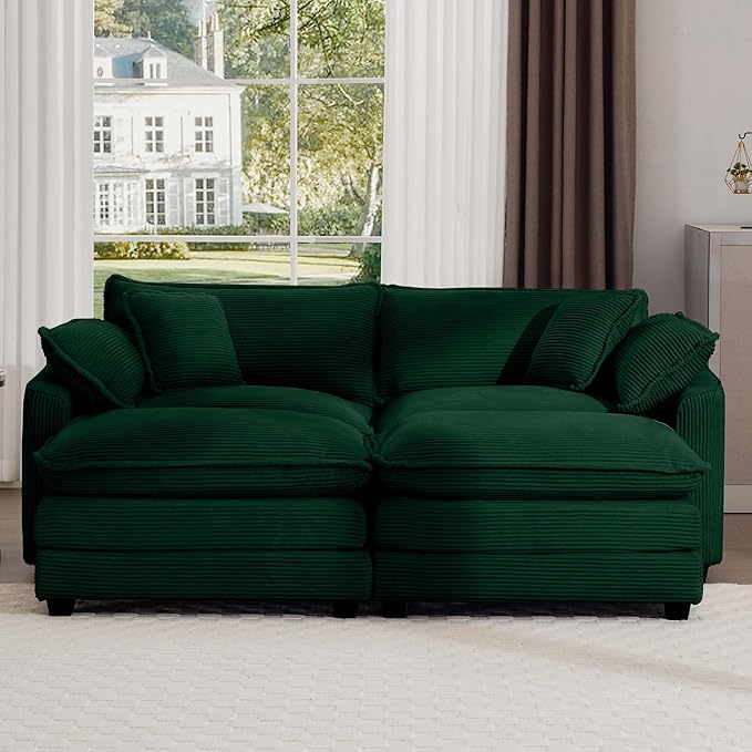 KEIKI 80" Oversized Corduroy Modular Sectional Loveseat Sofa with 2 Ottoman, High-Density Foam Cushions, Removable Armrests, Upholstered 2-Seater Corner Couch with 4 Pillow, for Living Room, Green