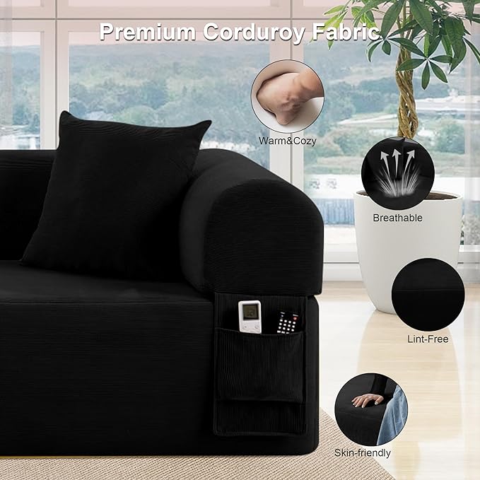 83'' Boneless Couch 3-Seater Floor Sofa No Assembly Needed Corduroy Small Couch for Living Room, Cloud Sofa with 2 Pillows & Storage Bag Couches in A Box for Office, Black