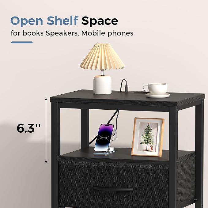 DUMOS Nightstand Set of 2 with Wireless Charging Station Bed Side Tables with Adjustable Fabric Drawers 3-Tier Storage End Tables Modern Design,Black - Image 3