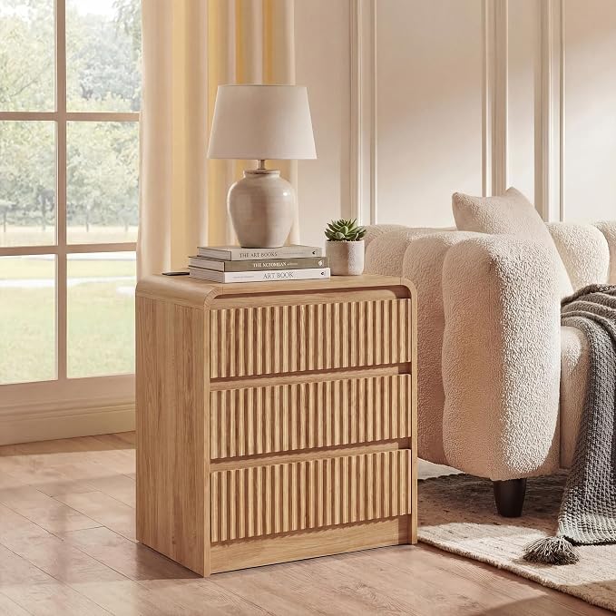 Seang 24" Fluted Nightstand with Charging Station,Wooden Bedside Table with Curved Profile Design,3 Drawers Storage,Large End Table for Bedroom,Natural,Set of 1 by Seang