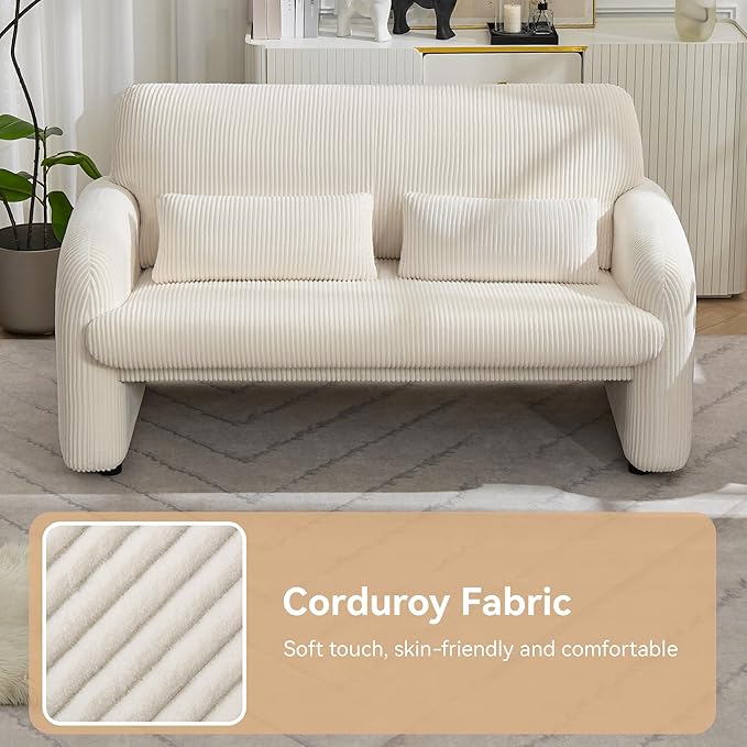 WUTUTUEE 56'' Corduroy Loveseat Sofa, 2 Seater Love Seat Couch for Small Space, Comfy Upholstered Modern Leisure Loveseat Couches with Lumbar Pillows for Bedroom, Office, Living Room, White