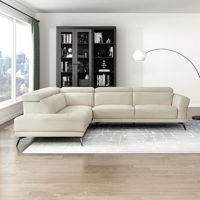 Lexicon L-Shaped Sectional Couch with Left Chaise, Top Grain Leather Match Sectional Sofa, Adjustable Headrests, Black Chrome Metal Legs, High-Density Cushions, Stitching, for Living Room, Beige