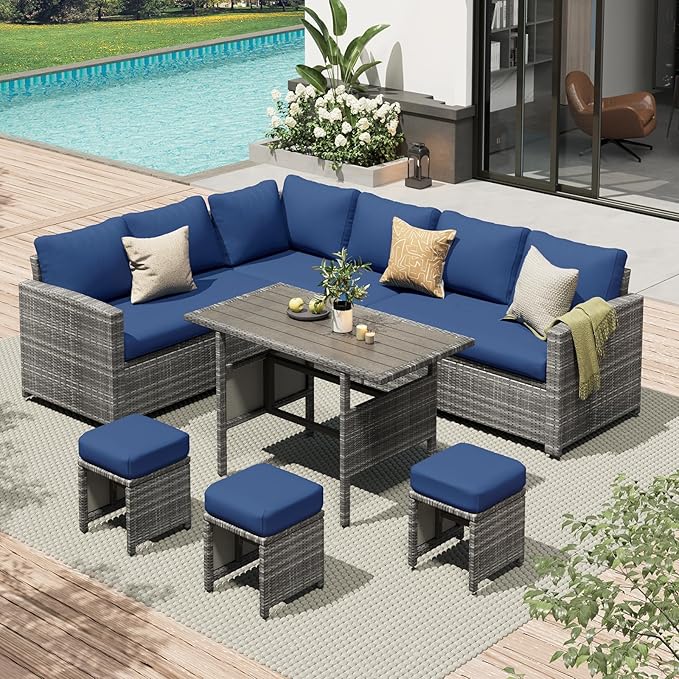 AECOJOY Outdoor Patio Furniture Set, 7 Pieces Clearance Sectional Rattan Dining Table&Chairs, All Weather Wicker Conversation Sofa Couch with Ottoman, Dark Blue Cushions&Grey Rattan