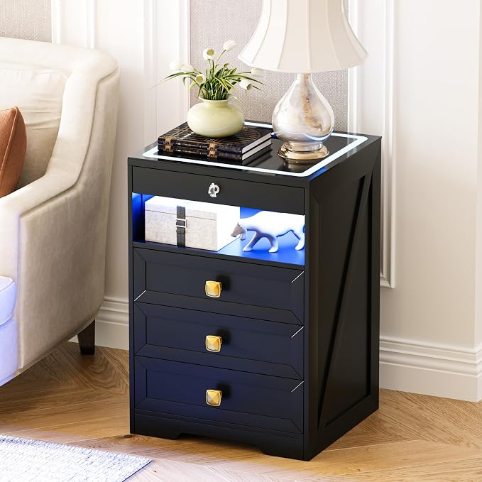 HNEBC Smart Night Stand with Gun Drawer,Glass Top Nightstand with Charging Sation,LED Bedside Table with 3 Color Lights,End Table with Glass Desktop,3 Drawers for Bedroom,Black - Image 8