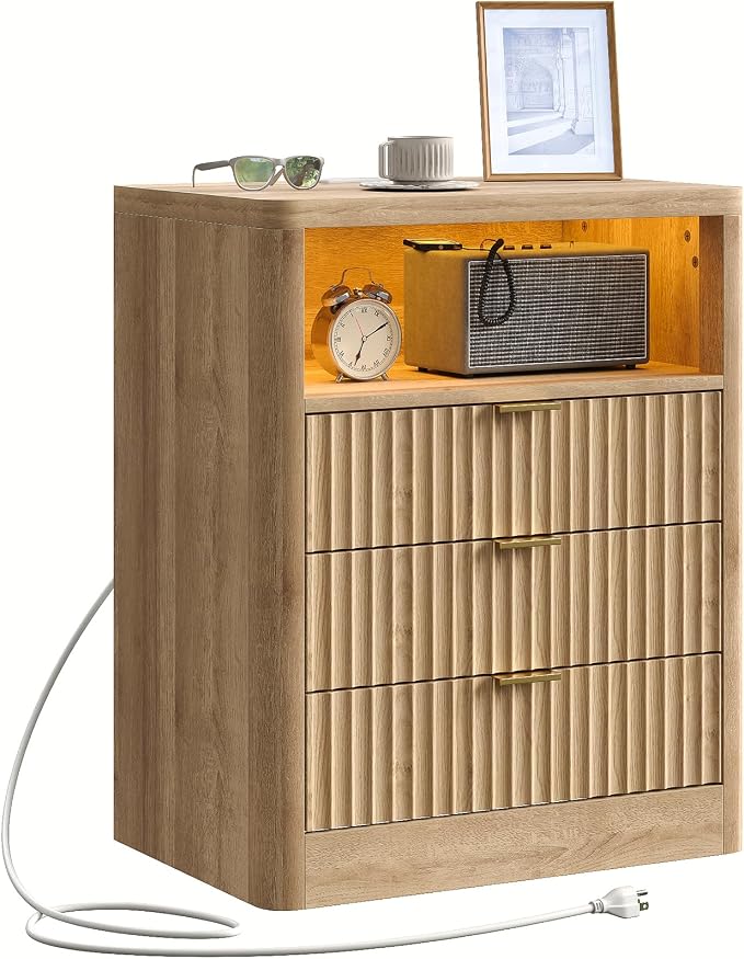 FUSOU Fluted Night Stand, Nightstands with Charging Station and LED Lights, Modern Bedside Table with 3 Drawers and Open Shelf, End Table with Storage, Nightstand for Bedroom, Living Room, Natural Oak by FUSOU