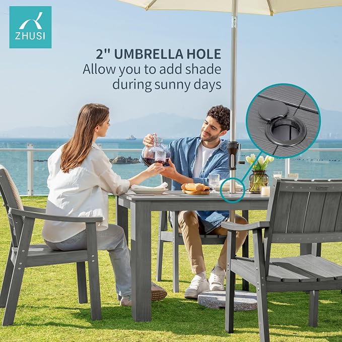 ZHUSI Patio Table and Chairs Set,HDPE Outdoor Dining Set with Umbrella Hole for Backyard, Poolside, Porch,All Weather,Grey - Image 5