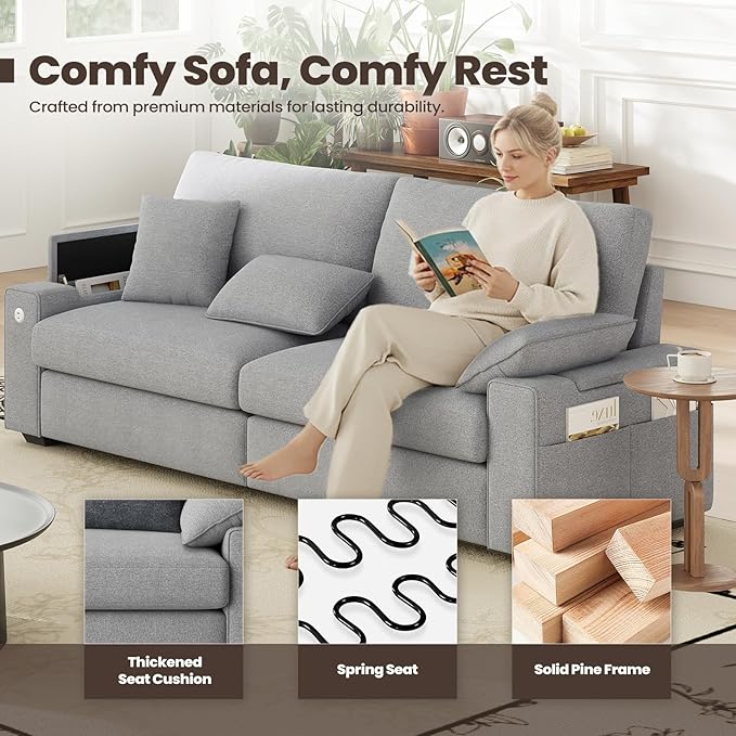 89" Loveseat Sofa, Cloud Foam Couch, 3 Seater Upholstered Midcentury Mondern Love Seat with USB Type C Ports, 4 Pillows and Storage Armrest for Living Room/Small Spaces, Grey | Breathable material
