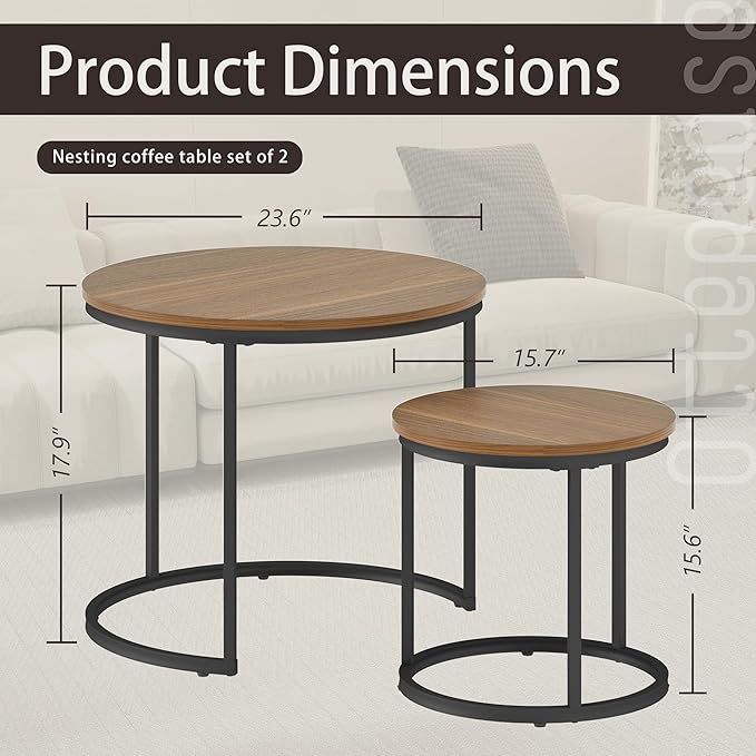 Nesting Tables Set of 2, Wood Grain Brown Round Coffee Table, Small Nesting Coffee Table with Adjustable Non-Slip Fee, Wood Grain Top Nesting Tables for Living Room, Bedroom