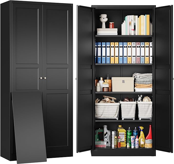 SISESOL Black Storage Cabinet,71" Tall Pantry Cabinet,Kitchen Pantry Storage Cabinets with 2 Doors and 5 Shelves,Wide Deep Metal Food Cupboard for Home,Kitchen,Dining/Living Room