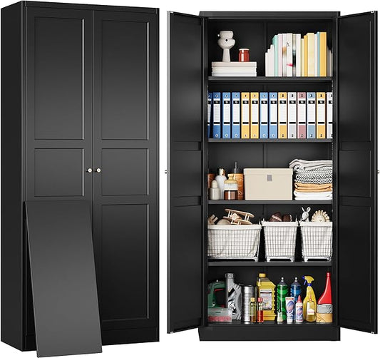 SISESOL Black Storage Cabinet,71" Tall Pantry Cabinet,Kitchen Pantry Storage Cabinets with 2 Doors and 5 Shelves,Wide Deep Metal Food Cupboard for Home,Kitchen,Dining/Living Room