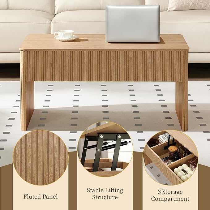 ORRD Fluted Lift Top Coffee Table, Farmhouse Coffee Table with Hidden Compartment, Rising Top Center Table with Storage, Mid Century Rectangular Center Tables for Living Room (Natural)
