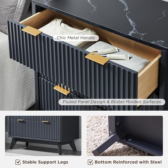 T4TREAM Fluted 3 Drawer Dresser, 32" Tall Modern Chest of Drawers with Faux Marble Top, Curved Profile Design, Wood Drawer Organizer for Bedroom, Living Room, Hallway, Entryway, Dark Grey - Image 6