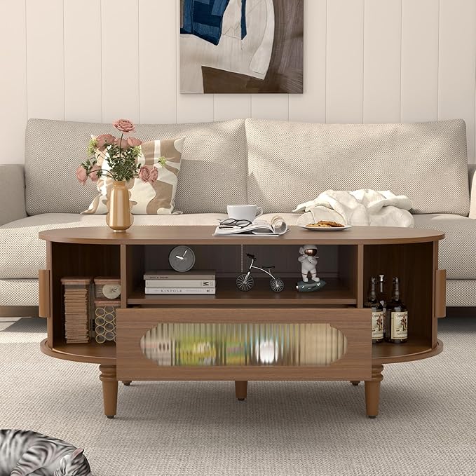 Fluted Oval Coffee Table for Living Room, Wood Round Coffee Table with Storage, Low Small Center Tables with Drawer, Sliding Door, Mid Century Modern, Boho, Rustic, Walnut