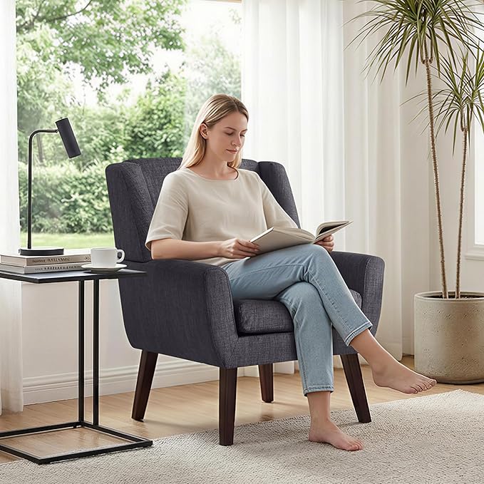 HUIMO Accent Chair Living Room Chair, Upholstered Button Tufted Armchair, Linen Fabric Sofa Chairs for Bedroom, Living Room, Mid Century Modern Comfy Reading Chair (Grey)