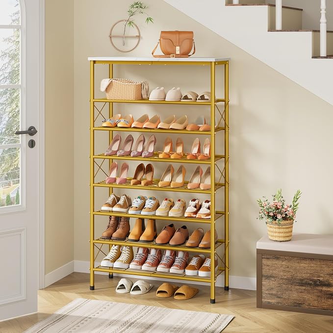 Tajsoon 8 Tier Shoe Rack Organizer for 28-32 Pairs of Shoes, Metal Mesh Shoe Shelf for Closet, Industrial Shoe Rack for Entryway Shoe Storage with X Shape Fixed Frame, White & Gold - Image 2
