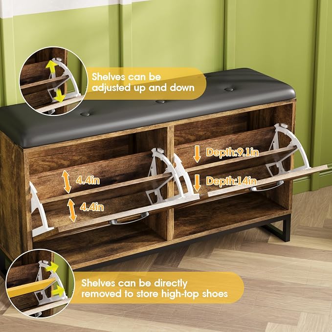 Maupvit Shoe Cabinet with 2 Flip Drawers & Coat Rack, Shoe Storage Bench with Seat Cushion for Entryway, 5 Large Sturdy Metal Hooks - with Locking Wall Parts, Farmhouse Brown - Image 5