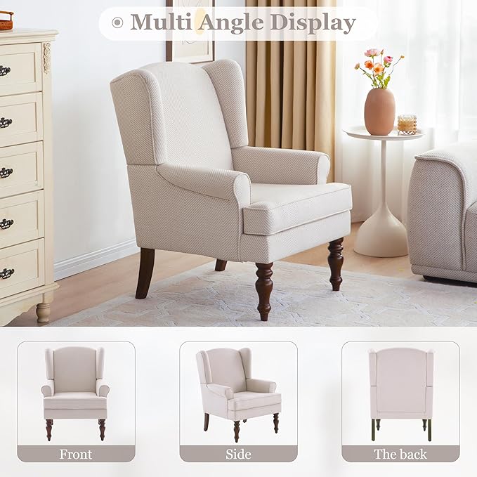 HUIMO Living Room Chair Upholstered High Back Armchair Retro Printed Wingback Chair in Linen for Bedroom & Study Comfy Accent Sofa Chair Reading Chair Holds 300lbs (2, Tan with Lines)