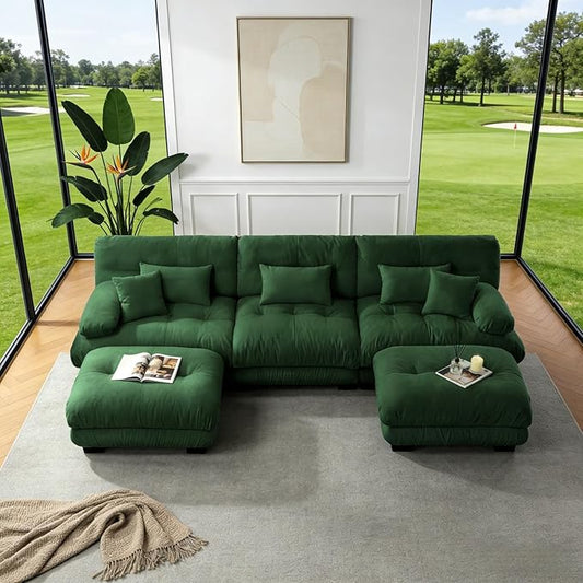 133.8" U-Shaped Cloud Couch, Oversized Modular Sectional Sofa, Deep Seat Cloud Boneless Couch, 3-Seat Modular Sectional Sofa with 2 Ottoman or Living Room,Bedroom and Apartment, Green