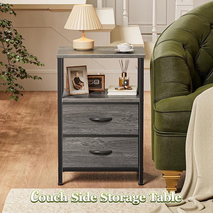 Huuger Night Stand Set of 2, Nightstand with 2 Drawers, Bed Side Table with Open Shelf, Wooden Top, End Table, Fabric Drawer, for Bedroom, Gery - Image 6