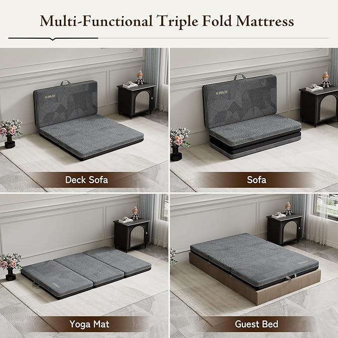 GEMBED Tri Folding Mattress Full Size - Memory Foam Tri-fold Mattress, Handle & Non-Slip Bottom, Portable Foldable Sofa Bed Floor Chair for Travel RV Camping Guest Yoga - 4 Inch, 73"x52"x4"