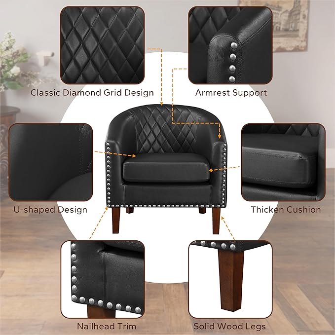 Prilinex Comfy Barrel Accent Chair - Faux Leather Living Room Chair Club Chair with Cushion, Diamond Grid Backrest & Nailhead Trim, Guest Chair for Office, Bedroom & Waiting Room, Black