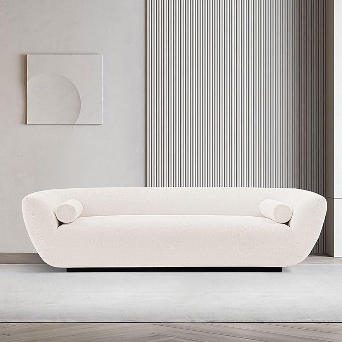 Manhattan Comfort Ulka 96-Inch Contemporary Boucle Sofa for Living Room with Premium Pine Wood Frame, Metal Base, High-Density Foam Padding & 2 Bolster Pillows, Cream