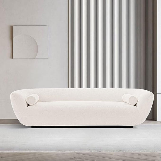 Manhattan Comfort Ulka 96-Inch Contemporary Boucle Sofa for Living Room with Premium Pine Wood Frame, Metal Base, High-Density Foam Padding & 2 Bolster Pillows, Cream
