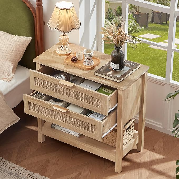 LEYAOYAO 31.5" Wide Rattan Night Stand, Oversized Large Boho Nightstand with 2 Drawer, Natural Wood Bed Side End Tables with Storage Shelf, Tall Bedside Table for Bedroom Living Room, Hallway - Image 7