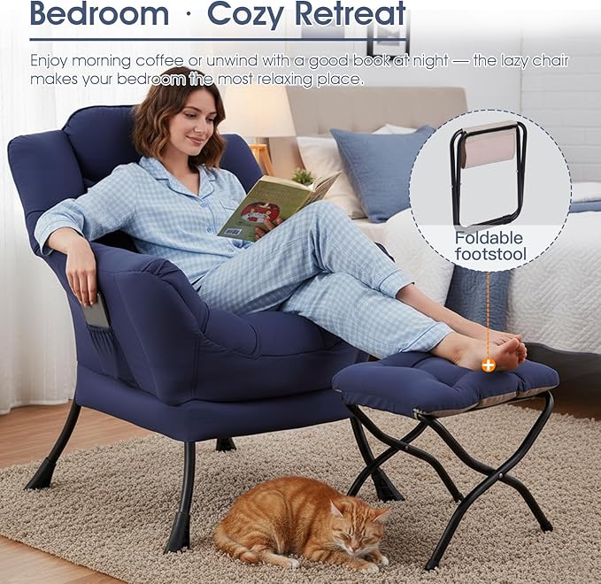 Lazy Chair with Ottoman, Large Accent Chair with Ottoman and a Throw Pillow, Navy Reading Chair for Living Room Bedroom Dorm Room Office Apartment Relaxing Use