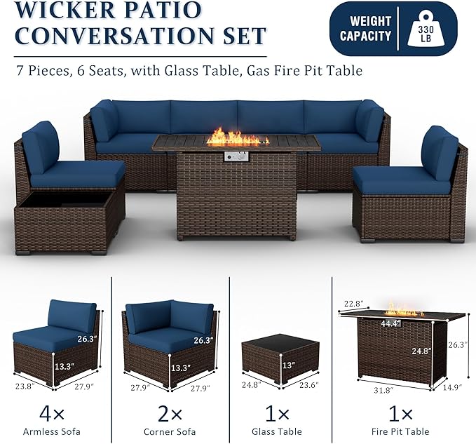 8 Pieces Outdoor Patio Furniture Set with 44" Fire Pit Table Rattan Sectional Conversation Sets w/Gas Fire Pit, Coffee Table, 1 Waterproof Covers, Navy Blue