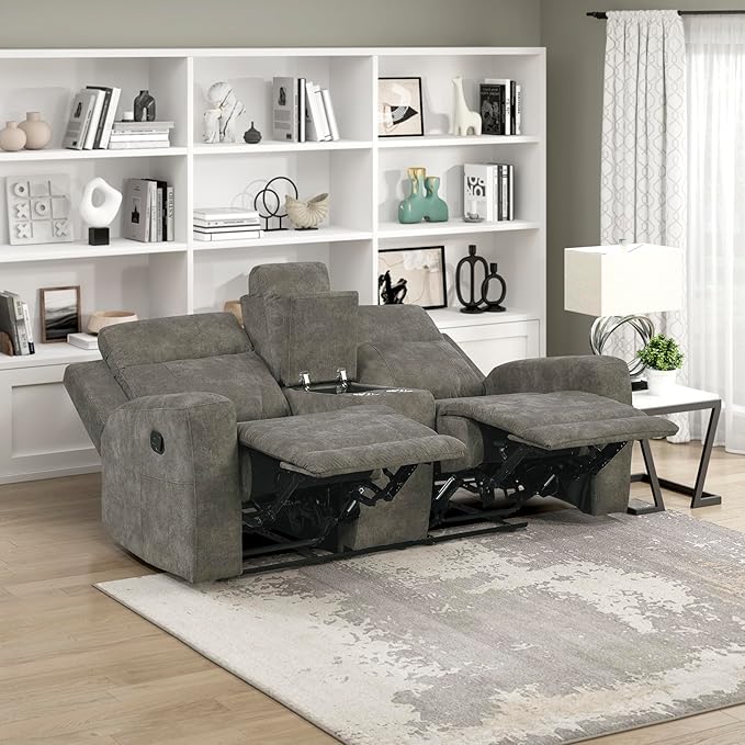 Lexicon Manual Double Reclining Loveseat, Textured Microfiber Manual Wall Hugger Loveseat Recliner for Living Room, Center Storage Console/Cup Holders/Track Arm, Easy Assembly, Brown