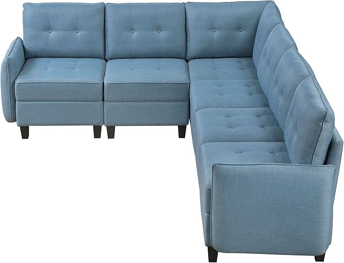 Lexicon L Shape Sectional Couch with Hidden Storage, Textured Fabric Modular Sectional Sofa with Button-Tufted Design, Reversible Back Cushion, 6 Seater Large Sofa, Blue
